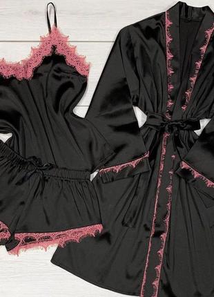 Женский комплект халат и пижама. черный комплект для дома