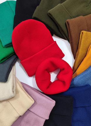Теплая зимняя шапка и хомут снуд шерсть шарф,бини,лопата, на флисе,рубчик, белая,малиновая,пудра,желтая1 фото