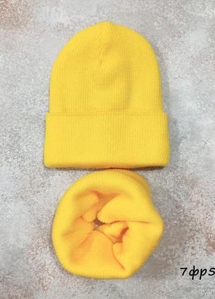 Тепла зимова шапка і хомут снуд шарф шерсть рубчик біні лопата, малинова,біла,пудра, жовта,теплий комплект,зимова шапка фліс3 фото