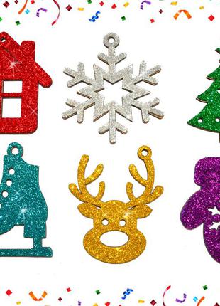 Набір 6 шт блискуча ялинкова іграшка новорічна ялинкова прикраса на ялинку ялинку дерев'яні іграшки з блискітками1 фото