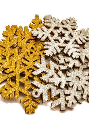 Набір блискучих ялинкових іграшок сніжинки 8 шт новорічна ялинкова прикраса на ялинку ялинку дерев'яні з блискітками2 фото