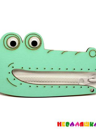 Заготовка деревянный зеленый крокодильчик + молния и глазки для бизиборда дерев'яний крокодил для бізіборда2 фото