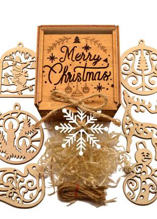 Подарочный набор деревянных новогодних елочных игрушек 10 шт в ореховой коробке + украшение на ёлку из фанеры