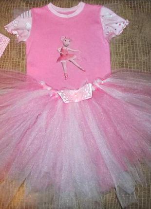 Классный эксклюзивный комплект анжелина балерина нарядный праздник футболка принт юбка пачка повязка9 фото