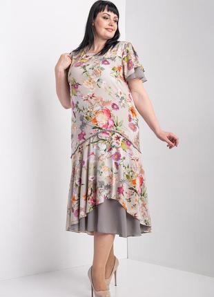 Нарядное женское солидное платье с цветочным принтом, шифон,  большего размера 56