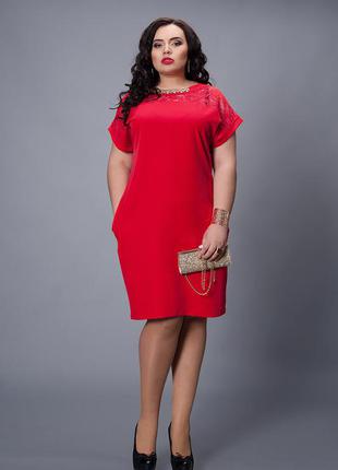 Красное батальное женское платье с кружевом большего размера, прямой фасон 50-52,52-54,54-56,56-581 фото