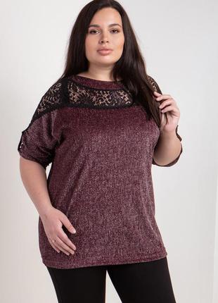 Жіноча ошатна бордова блузка з мереживом великого розміру 52-54, 56-58