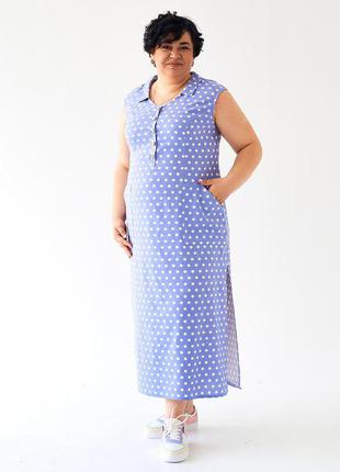 Голубое длинное женское платье в белый горох  52,54,562 фото