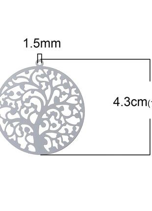 Підвіска дерево, філігранний квітка, нержавіюча сталь, сріблястий тон, порожнистий, 43 мм x 40 мм2 фото