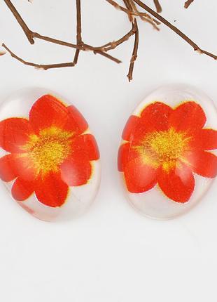 Кабошоны овальные, стеклянные, газоплотные, прозрачные, оранжево-красный цветок, 25 мм x 18 мм