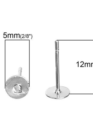 Сережка гвоздик, шпилька, кругла, мідь, посріблена, основи під вставку (5 мм кабошона), 12 мм x 6 мм2 фото