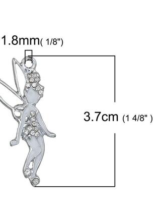 Подвеска фея, серебряный тон, цинковый сплав, прозрачные стразы с белой эмалью, 37 мм x 17 мм2 фото