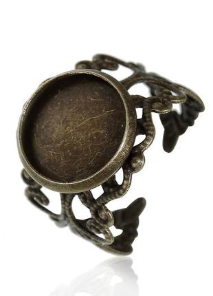 Кольцо, регулируемое, металл, цветок, античная бронза, под вставку 12 мм, 16.5 мм (американский размер 6)