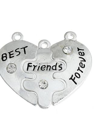 Підвіска серце з 3 частин, цинковий сплав срібний тон, best friends forever, 27 мм x 15 мм, 25 мм x 14 мм