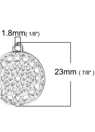 Подвеска, ажурный цветок с узором, буддийская мандала, цинковый сплав, круглая, серебряный тон, 24мм x 21мм2 фото