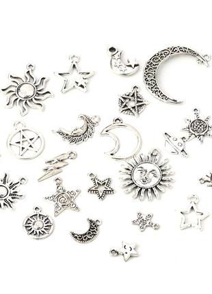 Подвески  " солнце + луна + звезда ", смешанный набор: 23 шт., цинковый сплав, античное серебро, 40 мм x 30 мм2 фото