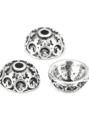 Шапочки для намистин, цинковий сплав, круглі, античне срібло, (10 мм намистини), 11 мм