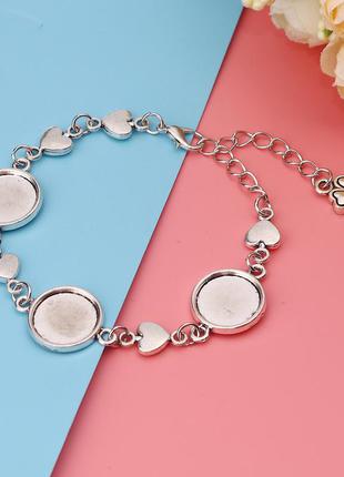 Браслет под вставку, сердца, основа под вставку 14 мм, круглый, цвет: античное серебро, 17.5 см,