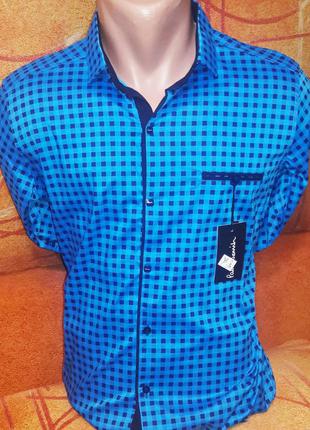 Рубашка мужская paul smith vd-0031 клетчатая синяя приталенная турция, стильная, молодежная, хлопок2 фото
