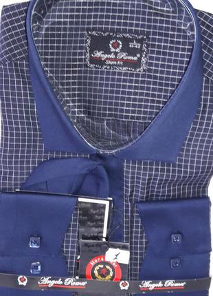 Рубашка мужская angelo roma vd-0001 синяя приталенная комбинированная в клетку турция
