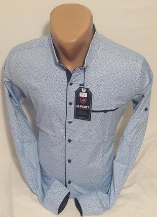 Рубашка мужская g-port vd-0056 голубая в узор приталенная трансформер стрейч коттон турция