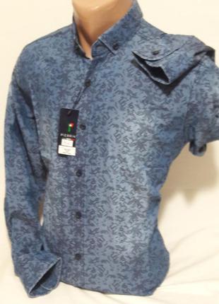 Рубашка мужская с длинным рукавом pierrini  vd-0012 джинсовая синяя приталенная турция2 фото