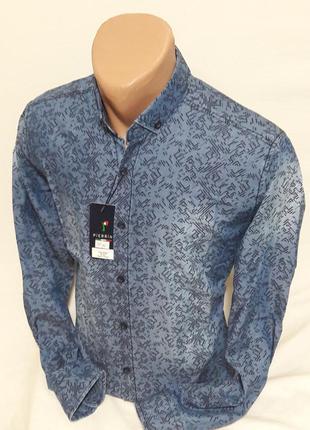 Рубашка мужская с длинным рукавом pierrini  vd-0012 джинсовая синяя приталенная турция4 фото