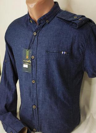 Мужская рубашка fly boys vd-0006 синяя приталенная однотонная турция нарядная лён стильная2 фото