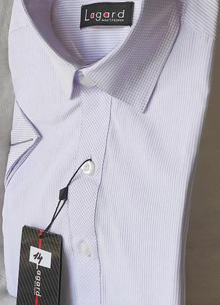 Рубашка детская dк-0014 lagard сиреневая в полоску комбинированная приталенная с коротким рукавом2 фото