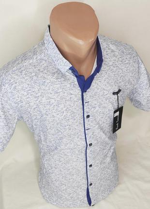 Мужская рубашка с коротким рукавом vk-0089 paul smith белая в принт приталенная стрейч...