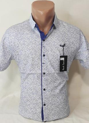 Мужская рубашка с коротким рукавом vk-0089 paul smith белая в принт приталенная стрейч...