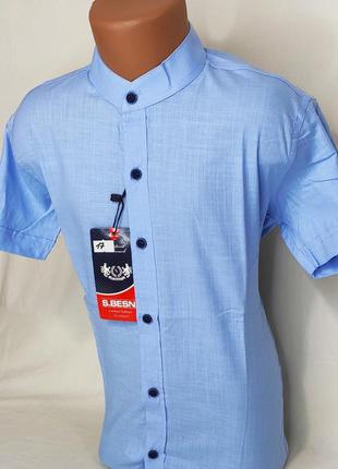 Рубашка детская с коротким рукавом sinyor besni dкs-0017 голубая приталенная однотонная турция стойка воротник4 фото