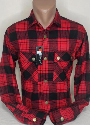 Тёплая стильная турецкая клетчатая мужская рубашка burgos vd-0001, красная в клетку с длинным рукавом на зиму