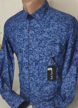 Мужская рубашка синяя приталенная с длинным рукавом paul smith vd-0300, стильная мужская рубашка турция хлопок4 фото