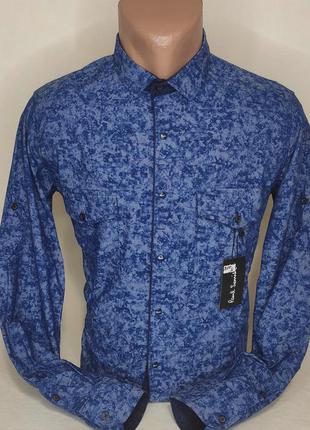 Мужская рубашка синяя приталенная с длинным рукавом paul smith vd-0300, стильная мужская рубашка турция хлопок5 фото
