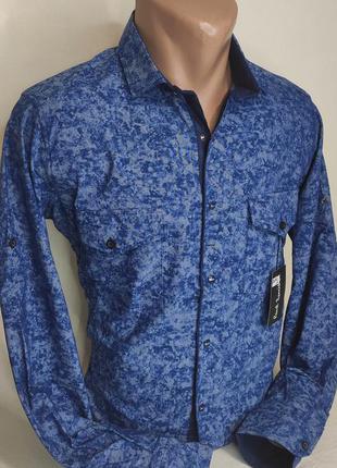 Мужская рубашка синяя приталенная с длинным рукавом paul smith vd-0300, стильная мужская рубашка турция хлопок8 фото