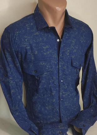 Мужская рубашка синяя приталенная с длинным рукавом paul smith vd-0303, стильная мужская рубашка турция хлопок7 фото