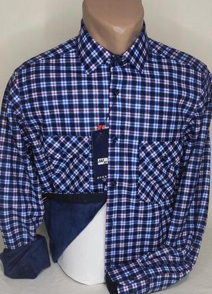Рубашка мужская флисовая ovento vd-0222 синяя в клетку с длинным рукавом тёплая, на зиму 456 фото