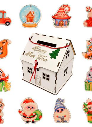 Кольорові красиві дерев'яні ялинкові іграшки набір 12 шт в коробці будиночок"cutetype" новорічні прикраси на ялинку1 фото