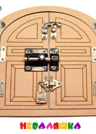 Заготівля для бизиборда велика подвійна дверцята 19х17 см (повний комплект) дерев'яна дверцята двері ворота1 фото