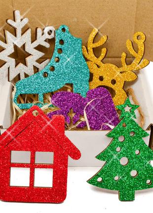 Набор блестящих елочных игрушек 6 шт в картонной коробке деревянные новогодние ёлочные украшения на елку