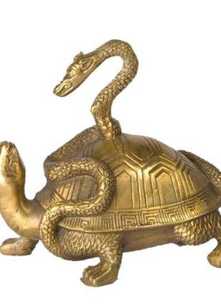Статуэтка черепаха со змеей высота 13 см желтая (8964)