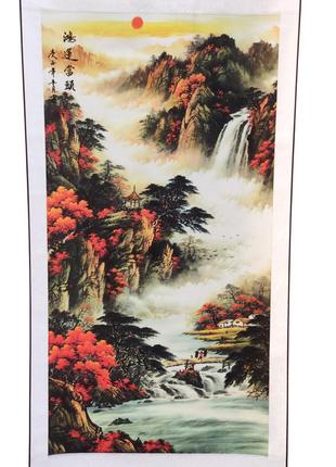 Панно китайская живопись гохуа "горный пейзаж" 138х57 см белый (с2411)