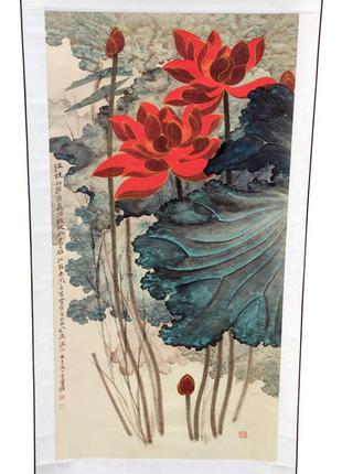 Панно китайская живопись гохуа "лотосы" 140х55 см белый (с2379)