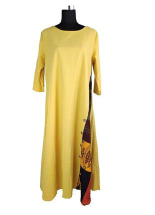 Платье длинное летнее хлопок-лен размер 54 желтое c3075-5xl