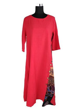 Платье длинное летнее хлопок-лен размер 46 красное c3079-xl1 фото