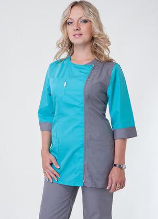Женский медицинский костюм на молнии с карманами (батист) бирюзовый размер 40-60