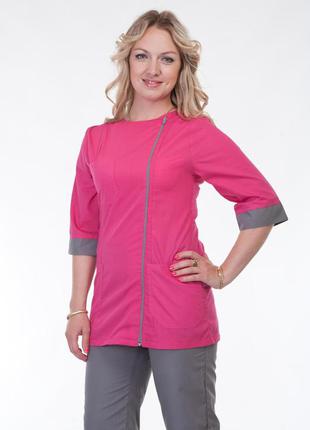 Женский медицинский костюм на молнии розовый+серый размер 40-60