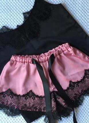 Пижама женская атласная сексуальная черно-розовая  40-42,44-46, 48-50