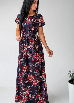 Красиве довге плаття збільшених розмірів з гумкою по талії темно-синє розмір 56-58,58-60